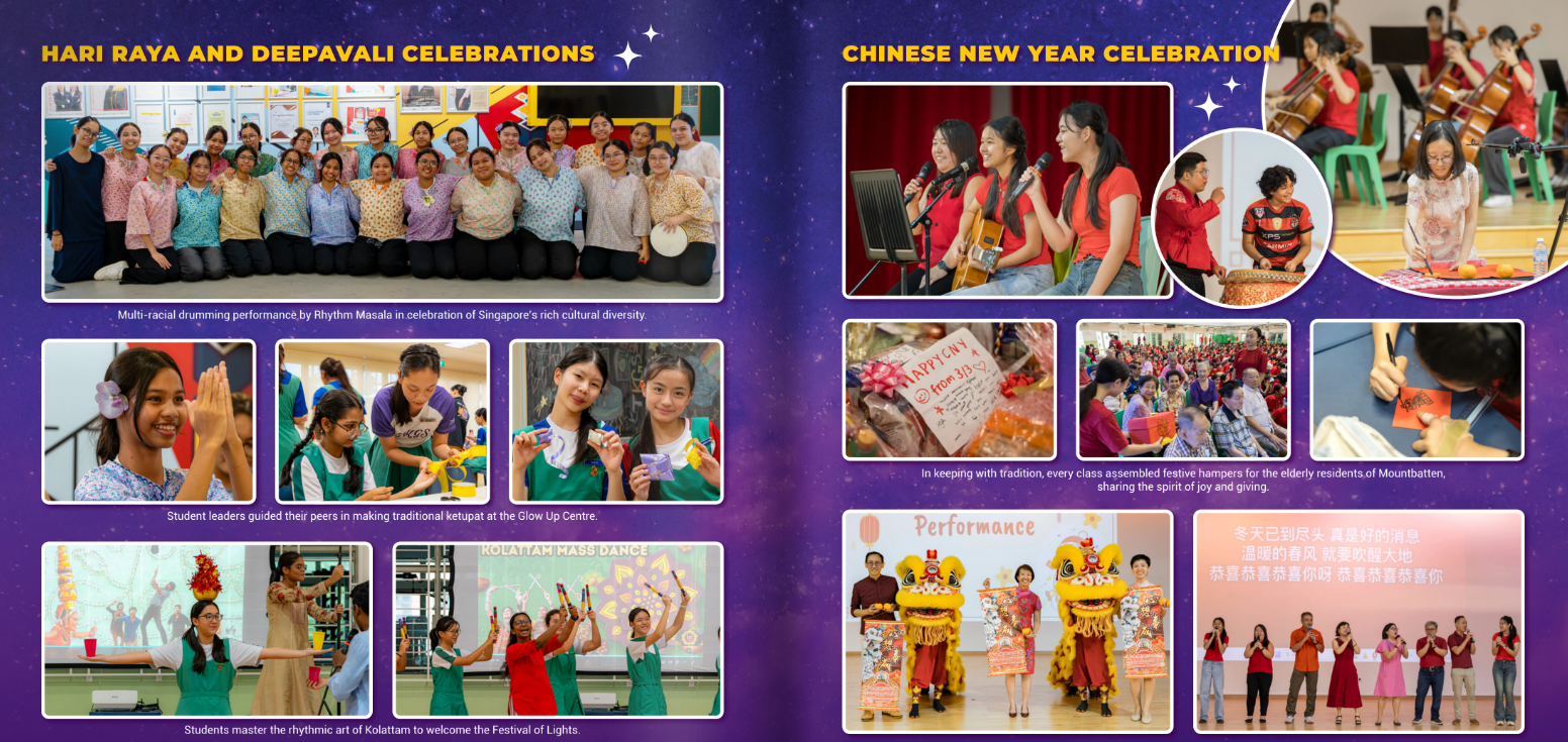 Collage of TKGS students and staff celebrating Hari Raya, Deepavali and Chinese New Year through cultural performances, traditional crafts, festive activities and community giving.